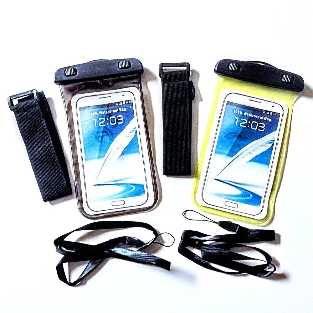 2 Pk Waterproof Universal Cell Phone Pouch (Lanyard +Arm Band) ~  Smoke & Yellow